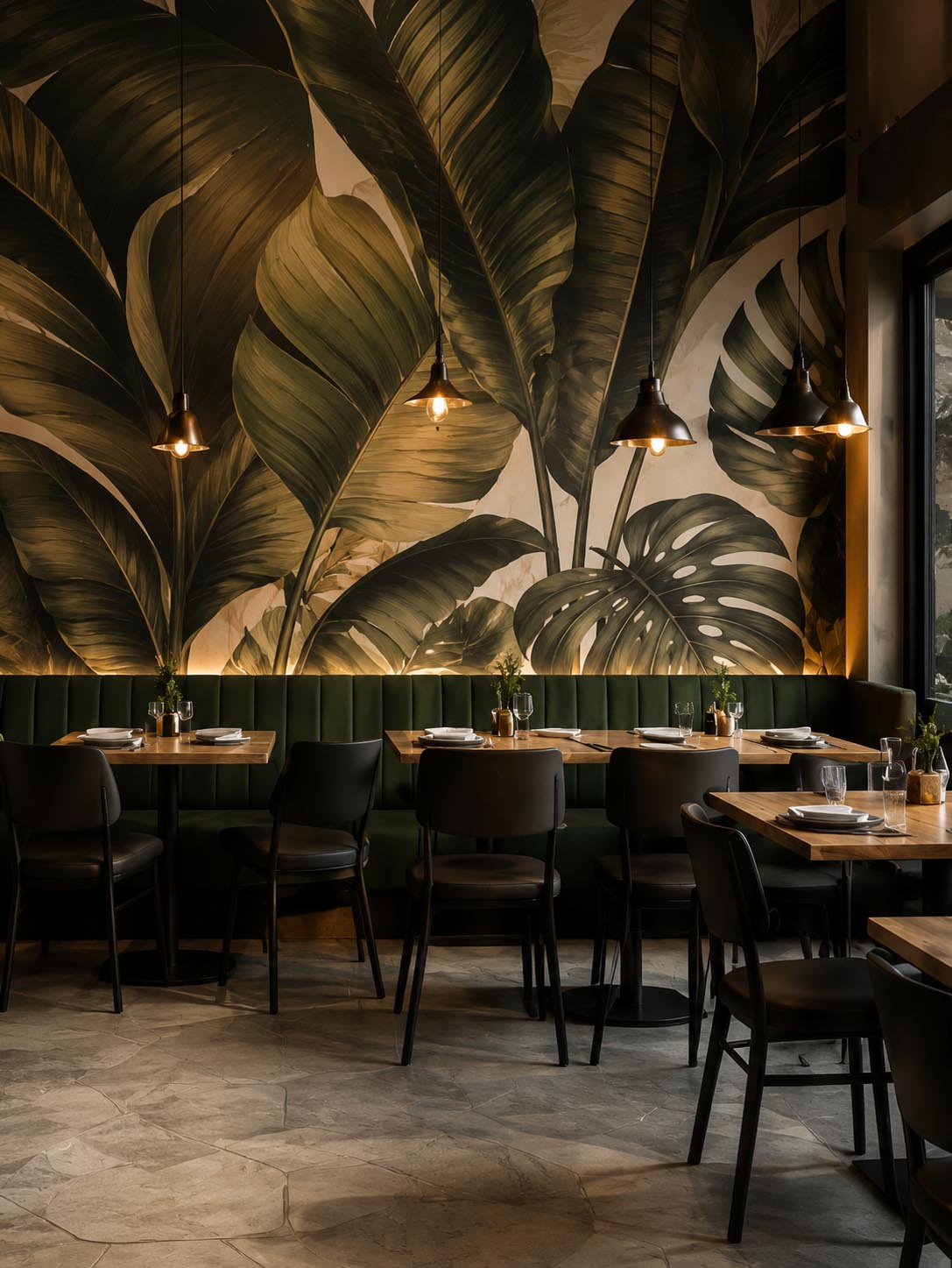 Restaurant interior with botanical mural